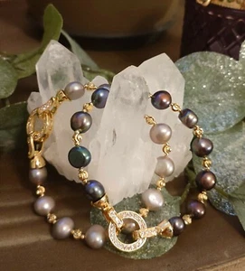 Elegant Freshwater Pearl Bracelet Grey Gold with Cubic Zirconia - Picture 1 of 8