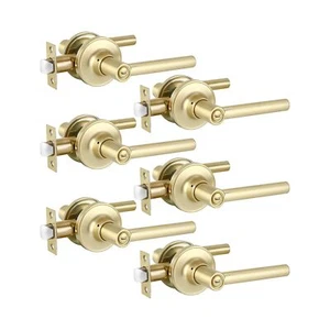 6 Set Satin Brass Door Handle, Gold Interior Door Handle Privacy Door Lever w... - Picture 1 of 7