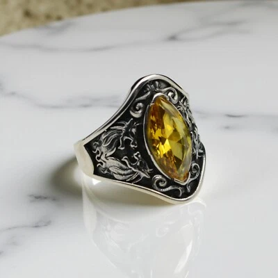 Anillo de plata esterlina 925 con piedra citrina para hombre, turco hecho a mano talla 7-14 Foto 1 de 4