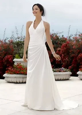 David's Bridal Halter Side Draped A Line Wedding Dress Ivory 12 V3189 - Image 1 of 4