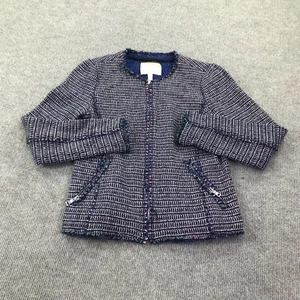 Rebecca Taylor Jacket Womens 4 Navy Blue Tweed Boucle Collarless Zip Pockets - Picture 1 of 11
