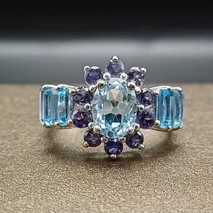 Ring Sterling Silver 925 Blue Topaz & Tanzanite Flower Oval Cut Gemstone Size 6 - Picture 1 of 10
