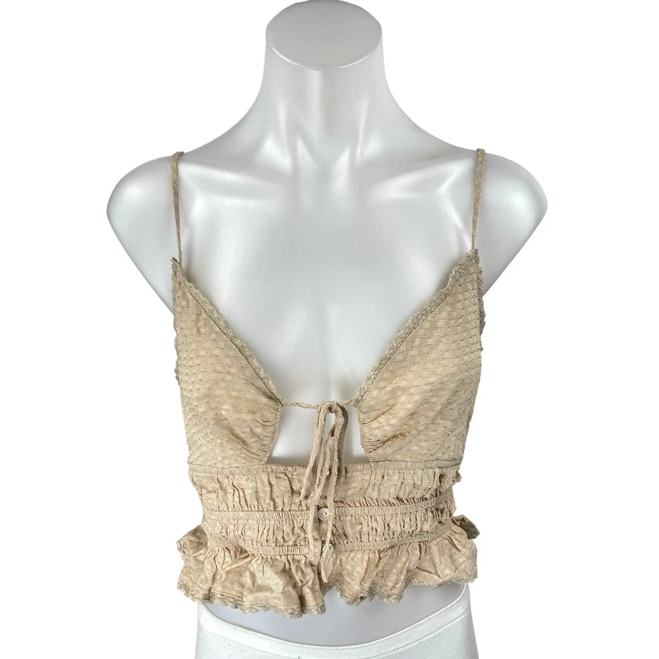ASTR The Label Beige Sleeveless Plunging Smocked Ruffle Cami Crop Top Size S - Image 1 of 3