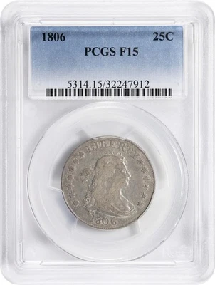 1806 25C Draped Bust Quarter PCGS F-15 Browning 3 Coin - FAST FREE  SHIPPING - Image 1 of 3