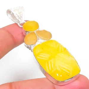 Giallo Avventurina Gemma Fatto a Mano 925 Argento Sterling Ciondolo Gioielli 6cm - Foto 1 di 5
