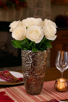 Jarrón cromado plateado 10" textura rosa en relieve glamour centro de mesa de vacaciones chi moderno Foto 1 de 4