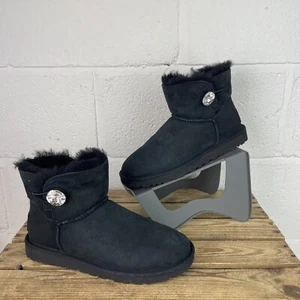 UGG Damen Mini Bailey Button Glitzer schwarz Wildleder Fell gefüttert Stiefel-Größe UK 6 - Bild 1 von 15