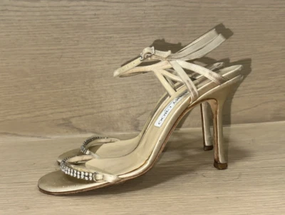 SANDALIA JIMMY CHOO BEIGE SATINADO TIRAS CRISTAL CORREA AL TOBILLO Talla 38M HECHA EN ITALIA Foto 1 de 4