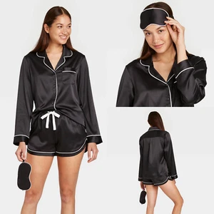 Large - Womens 3pc Satin Long Sleeve Notch Collar Top and Shorts Pajama Set - Picture 1 of 7