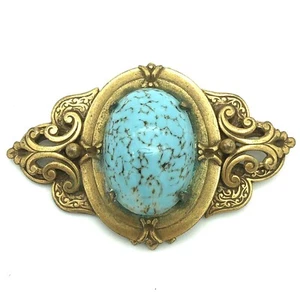 Prendedor de faja checo latón moteado petirrojos huevo azul vidrio cabujón vintage - Imagen 1 de 12