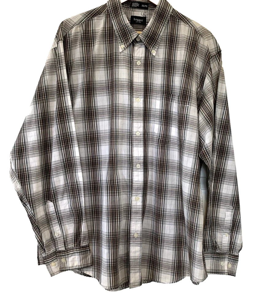 Haggar Plaid Shirt Mens XXL Cotton Brown Button-Down Collar Preppy Academia - Image 1 of 4
