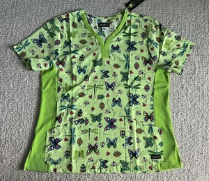 Koi Planet Scrub Top Women’s XL Green Thea Love Bugs Butterfly Stretch Nursing - Picture 1 of 11