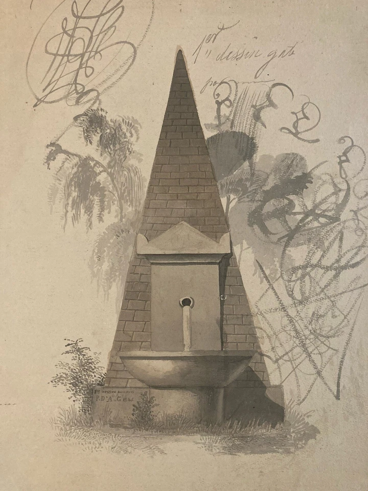 beau Dessin Fontaine Eau Lavis Encre XIXe Romantisme Architecture Paysage Art - Photo 1/4