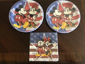 Disney Mickey & Minnie Mouse USA 20 Plates & 40 Napkins Patriotic Military Flag - Picture 1 of 7