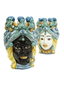 Coppia teste di moro h30 cm in ceramica di caltagirone siciliana azzurro-verde - Foto 1 di 4