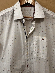 Bugatchi Shirt Large White Button Up Short Sleeve Patterned Polka Dot Shaped Fit - Picture 1 of 6