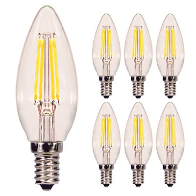 6 Pack Satco S29877 LED Filament 120V 4.5W =40W B10 Candelabra E12 Clear 2700K - Image 1 of 3