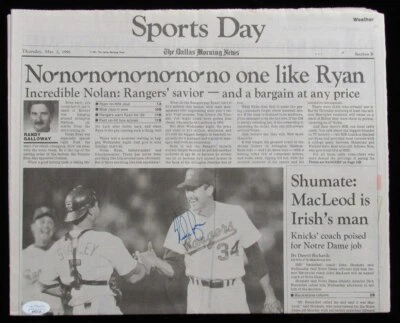 Nolan Ryan 7º No Hitter Firmado 1991 Dallas Morning News Periódico Rangers JSA Foto 1 de 3