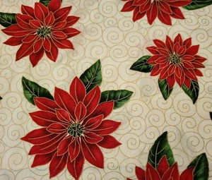 31" Poinsettia Print VIP Christmas Red Floral Ecru Metallic Gold Curls 56" Wide - Picture 1 of 3