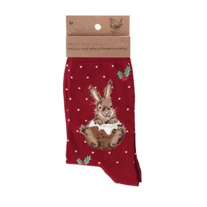 Calcetines suaves de bambú de Navidad rojos con pudín pequeño - Wrendale antibacterianos talla única - Imagen 1 de 2