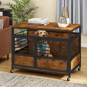 39.4" Dog Crate Heavy Duty Dog Kennel Furniture Wooden End Table with Wheels - Picture 1 of 11