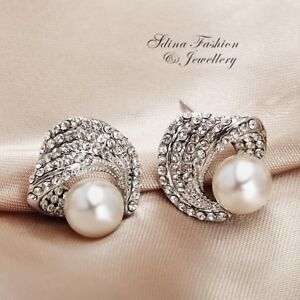 18K White Gold Filled Simulated Pearl Cubic Zirconia Twisted Stud Earrings