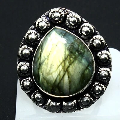 Anel feito à mão de prata 925 sólido pedra preciosa labradorita natural tamanho 9 - Imagem 1 de 4