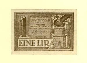 SLOVENIA LAIBACH YUGOSLAVIA 1 LIRA 1944 P-R2 F++ VERY RARE - Picture 1 of 2