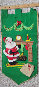 Vintage Handmade Felt Christmas Wall Hanging Sequin Bead Santa Fireplace Stockin