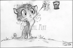 DISNEY ARTIST Pag Gullerud ORIGINAL ART Kitten Cat POSTCARD pencil hummingbird - Picture 1 of 2
