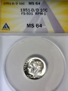 1951d /d ANACS MS64 RPM #1 Roosevelt Dime SILVER Coin NICE CHERRY PICKERS #501 - Picture 1 of 6