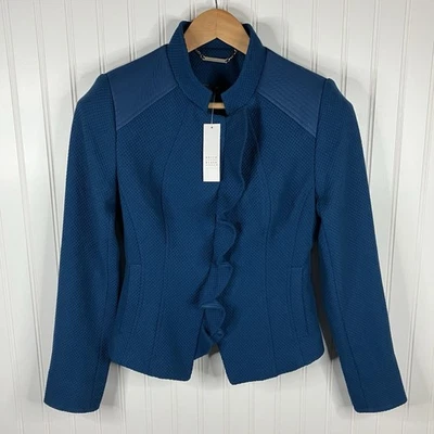 Chaqueta con volantes White House Black Market cremallera frontal bolsillos para mujer 0 azul nueva con etiquetas $180 Foto 1 de 4