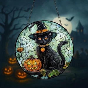 Gato Negro Y Calabaza Halloween Vitral Atrapasol Ventana Colgante - Imagen 1 de 7