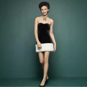 JOHNNY WUJEK for JCPenney Black Velvet Faux Fur Trim Strapless Dress Size 5 Jr - Picture 1 of 9