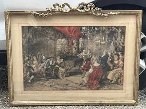Antike handgemalte Lithographie "Mozart am Hof der Marie Antoinette" - Bild 1 von 11