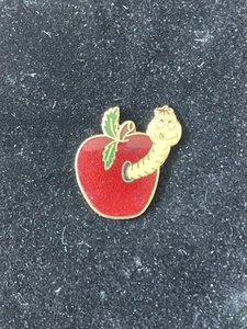 Apple W/ Worm Lapel /Hat Pin Vintage Enamel Red Apple Yellow Worm - Picture 1 of 3