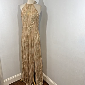 Nasty Gal Dress Womens 14 Gold Sequins Halter Double Slit Glitzy Party - Picture 1 of 16