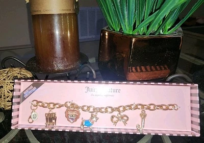 Juicy Couture Crystals Blue Scottie 🐕 Gold Dangle Heart J Charms Bracelet NWT! - Image 1 of 4