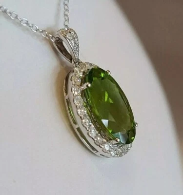 3Ct Oval Simulated Peridot Halo Women's Pendant 14k White Gold Plated 18 Chain - Image 1 of 4