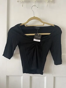 Topshop Black Ribbed Sweetheart 3/4 Sleeve Crop Top Size 6 - Picture 1 of 5