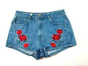 H&M Coachella Jean Shorts SZ Med High Rise Denim Floral Embroidered Rose - Picture 1 of 7