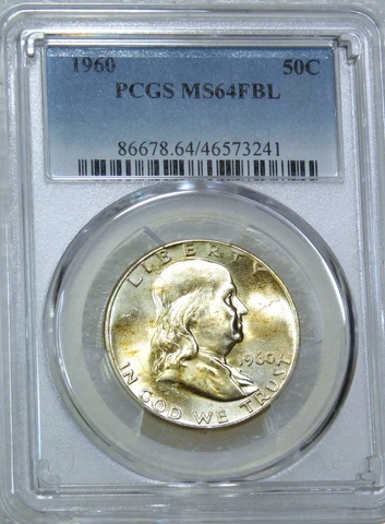 1960 P Franklin Half Dollar PCGS MS64FBL White & Gold Full Bell Lines PQ #E388A Cover