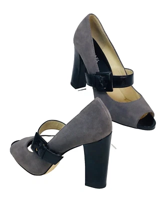 Michael Kors 女式灰色麂皮绒漆皮 4 英寸高跟鞋露趾 7.5 M — 第 1/4 张图片