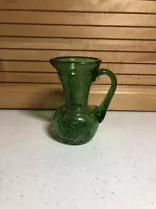 Vintage Miniature Hand Blown Crackle Glass Emerald Green 4" Handled Pitcher/Vase - Picture 1 of 11