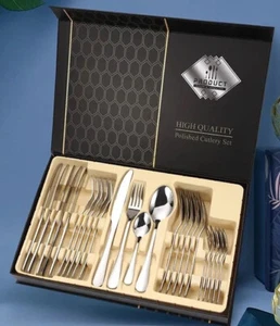 24 Stck. Edelstahl Besteck Set Messer, Gabel, Löffel, Teelöffel, Silbergold Geschenk - Bild 1 von 10