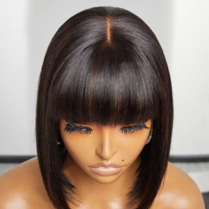 Straight Human Hair Bob Wig With Bangs for Black Women Glueless 2x1 Lace Part - Picture 1 of 24