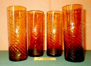4 AMBER Tobacco GLASS Drink TUMBLERS Swirl Vintage - Picture 1 of 7