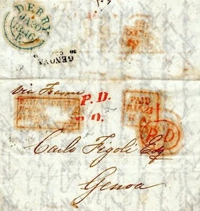 GB IRELAND Cover Maritime *PAID at DERRY/British/Foreign* 1846 Italy Genoa A4G74 - Picture 1 of 12