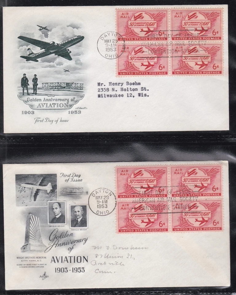 USA 2 FIRST DAY COVERS 1953 GOLDEN ANNIV OF AVIATION IN BLOCKS OF 4 AND CACHETS - Image 1 of 1