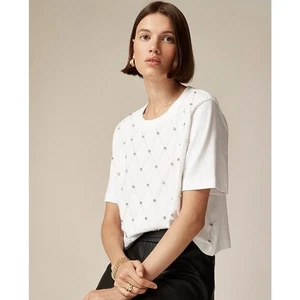J Crew Relaxed Latice Embellished Cropped Cotton Tshirt US Women's XL - Picture 1 of 6